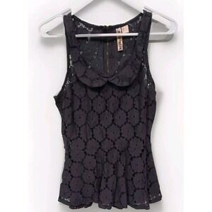Eyedoll by Shadow Black Lace Sleeveless Peplum Tank Top Peter Pan Collar‎